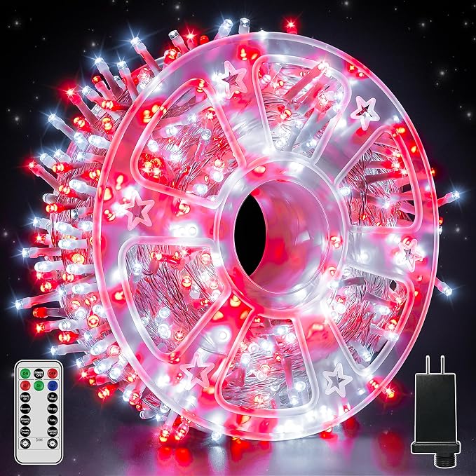 Guhope Christmas Lights 600 LED 98FT, Waterproof Outdoor String Lights with Remote and Timer, 8 Modes Dimmable Fairy Lights for Indoor Outdoor Wedding Party Holiday Decorations (Red and White)