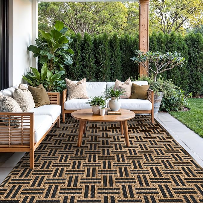 GENIMO Outdoor Rug, Waterproof Plastic Rugs for Patio, 6'x9' Mid Brown | Outside Larger Modern Carpet Mat for Porch Decor, Deck, Balcony, Camping, RV, Backyard, Picnic, Beach, Reversible, Foldable