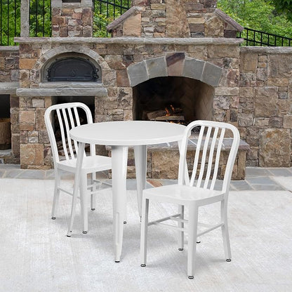 Flash Furniture Craig Commercial Grade 30" Round White Metal Indoor-Outdoor Table Set with 2 Vertical Slat Back Chairs | Commercial Grade, Indoor/Outdoor Use, Vertical Slat Back