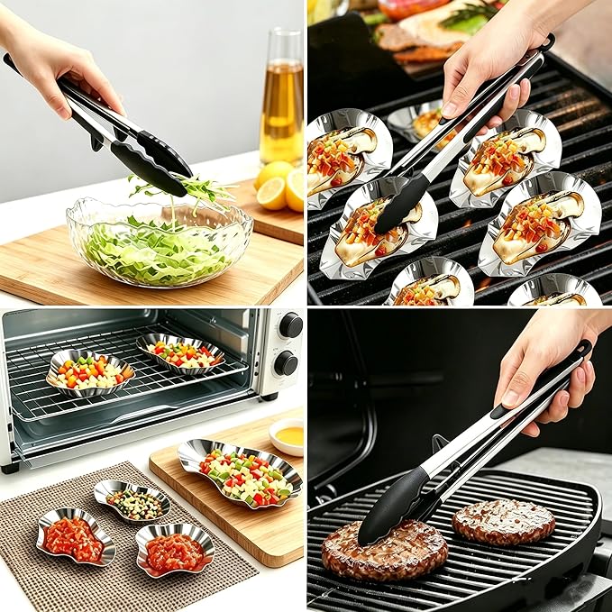 16PCS 304 stainless steel oyster grill tray and silicone tongs set, ideal for grilling oysters, shrimp, scallops, and clams.