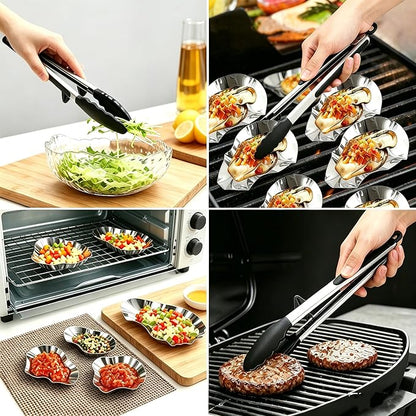 16PCS 304 stainless steel oyster grill tray and silicone tongs set, ideal for grilling oysters, shrimp, scallops, and clams.
