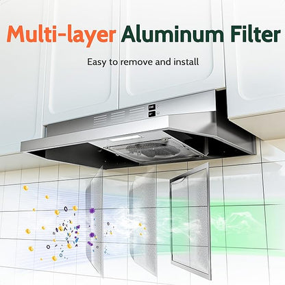 FIREGAS 24 inch Range Hood Under Cabinet, 300CFM Ducted/Ductless Convertible Kithen Hood in Stainless Steel with 2 watt LED Light and Filter, 2 fan speeds, hassle-free installation