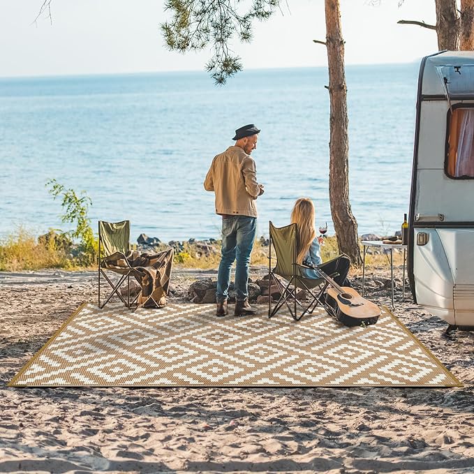 GENIMO Outdoor Rug, Waterproof Plastic Rugs for Patio, 6'x9' Brown White | Outside Larger Modern Carpet Mat for Porch Decor, Deck, Balcony, Camping, RV, Backyard, Picnic, Beach, Reversible, Foldable