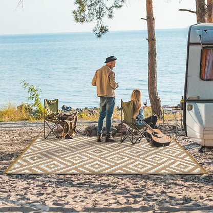 GENIMO Outdoor Rug, Waterproof Plastic Rugs for Patio, 6'x9' Brown White | Outside Larger Modern Carpet Mat for Porch Decor, Deck, Balcony, Camping, RV, Backyard, Picnic, Beach, Reversible, Foldable