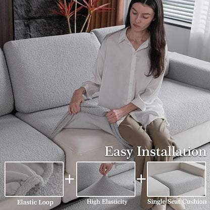 OHSIO Couch Cushion Covers for Sectional Sofa, Stretch Soft Sofa Slipcovers Washable Wear-Resistant Universal Furniture Protector for Living Room(1 Piece Chaise Cover, Light Gray)