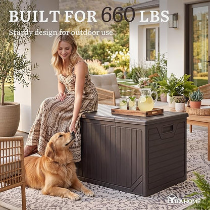 YITAHOME XXL 300 Gallon Extra Large Outdoor Deck Box, Lockable Resin Double-Wall Storage Box and Waterproof Patio Furniture Bin for Garden Tools & Pool Accessories, Brown