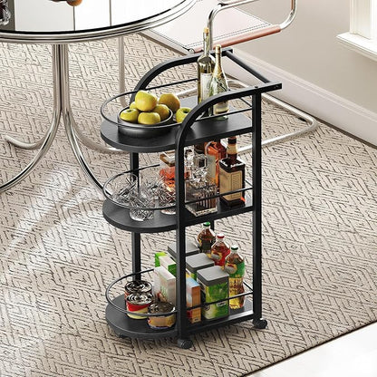 3-Tier Bar Cart, Home Bar Serving Cart with Fence and Wheels, for Dining Room, Living Room, Garden, Party, Black BC06BB
