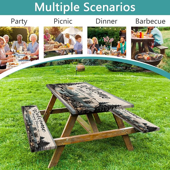 Picnic Table Cover with Bench Covers and Bag, Camping Essentials, Vintage Camper Waterproof Windproof Fitted Camping Tablecloths with Elastic Edges for Indoor, Outdoor & Garden, 3 Pcs Set 30x72 Inch