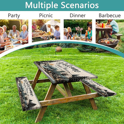 Picnic Table Cover with Bench Covers and Bag, Camping Essentials, Vintage Camper Waterproof Windproof Fitted Camping Tablecloths with Elastic Edges for Indoor, Outdoor & Garden, 3 Pcs Set 30x60 Inch