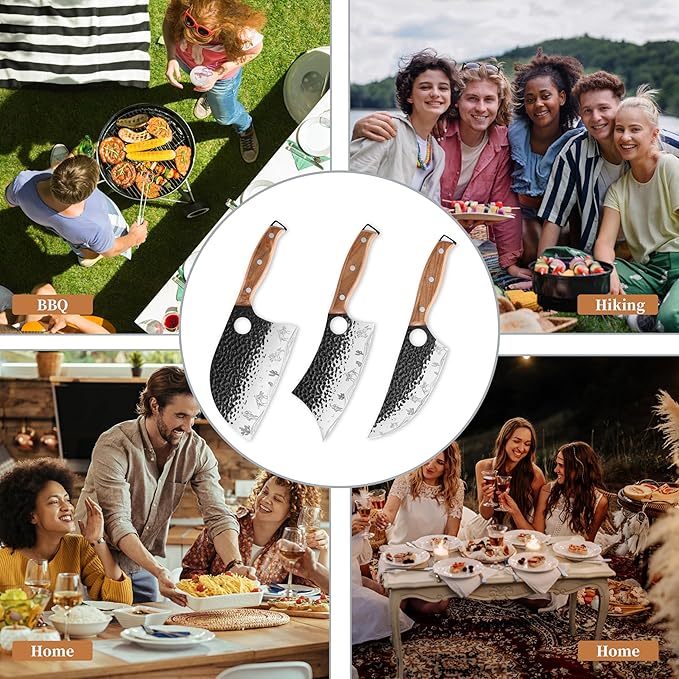 3PCS Butcher Knife Set, Hand Forged Serbian Chef & Meat Cleaver & Viking Knife, Wooden Handle, Perfect for Home, BBQ, Camping (Cactus and Knight Pattern)