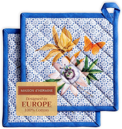Maison d' Hermine Pot Holders 100% Cotton Heat Resistant Potholders 8" x 8" Hot Pads with Loop BBQ Cooking Baking Hotel Farmhouse Kitchen Handling Hot Pans Spring Summer (Pack of 2, Passiflora)