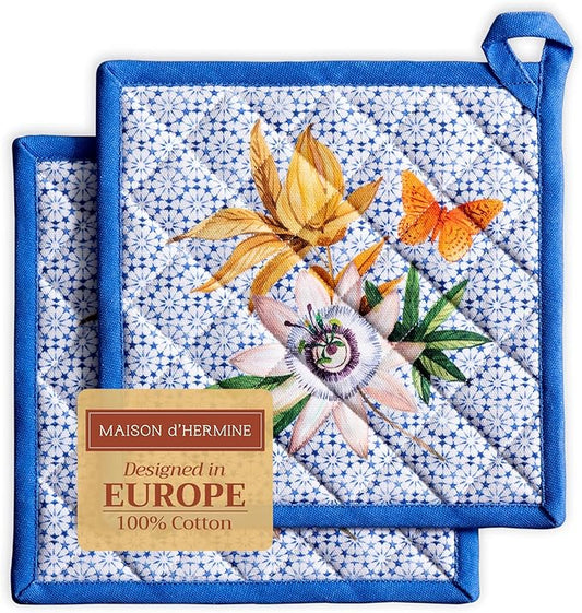Maison d' Hermine Pot Holders 100% Cotton Heat Resistant Potholders 8" x 8" Hot Pads with Loop BBQ Cooking Baking Hotel Farmhouse Kitchen Handling Hot Pans Spring Summer (Pack of 2, Passiflora)