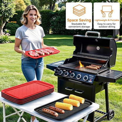 Serving Trays for Party - Set of 6, Large Serving Platters for Raw and Cooked Food, Dishwasher Safe, 17×10.5-inch Stackable Plastic Party Supplies for Grilling, BBQ, Meal Prep (Red, Black)