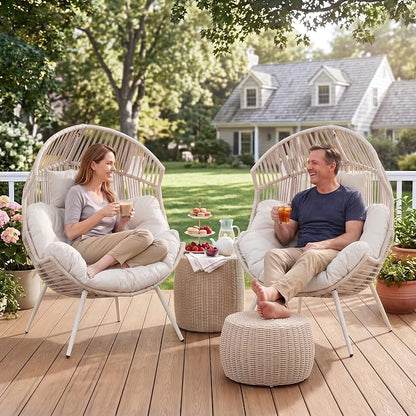 Shintenchi Wicker Egg Chair Outdoor Rattan Patio Chair with Cushion, Oversized Patio Lounge Chairs Egg Basket Chair, Egg Seat for Indoor Living Room Bedroom Outside Patio Backyard Balcony, White