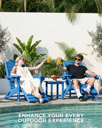 Adjustable Adirondack Chairs Set of 6 with Retractable Ottoman, HDPE Folding Adirondack Chair with Cup Holders, Weather Resistant for Backyard, Poolside & Fire Pit(Navy Blue)