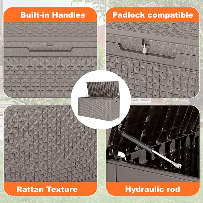 PatioZen 121 Gallon Resin Deck Box, Lockable Outdoor Storage Box for Patio Cushions Storage Furniture,Garden Tools, Pool Supplies, Weatherproof and UV Resistant (Grey)
