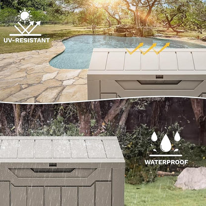DWVO 30 Gallon Outdoor Storage Deck Box, Resin Patio Storage for Gardening Tools, Patio Cushions, Waterproof and Lockable (Light Brown)