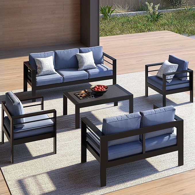 Kiss the Water Outdoor Patio Metal Furniture Chair, 2 PCS All-Weather Aluminum Outdoor Sofa with 5" Thick Soft Cushion and Wide Arm, Deep Seating Patio Couch for Balcony, Porch, Backyard