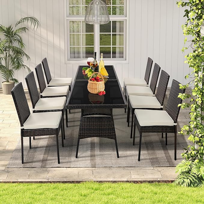 Tangkula 10 Pieces Wicker Patio Dining Set, Outdoor Rattan Table & Chairs Set with Padded Cushions, Patio Furniture Dining Glass Table Set for Balcony Patio Garden Poolside