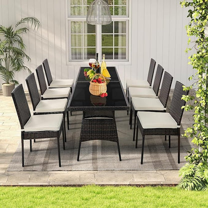 Tangkula 10 Pieces Wicker Patio Dining Set, Outdoor Rattan Table & Chairs Set with Padded Cushions, Patio Furniture Dining Glass Table Set for Balcony Patio Garden Poolside