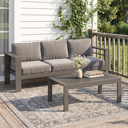 Solaste Aluminum Patio Sofa with Coffee Table,2 PCS Patio Furniture Set with Cushions, All-Weather Outdoor Sofa for Balcony, Deck, Backyard, Porch, Garden, Dark Grey