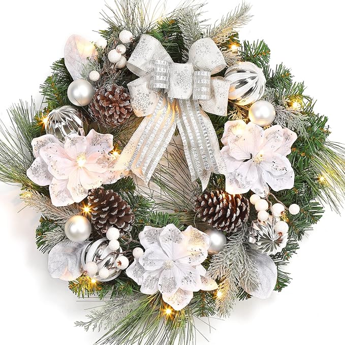 GarveeHome Christmas Wreath with Lights, 24 in Pre-lit Silver White Xmas Wreath with 20 Battery Operated LED Lights Artificial Magnolia Flower & Bow for Front Door Window Indoor Outdoor Decorations