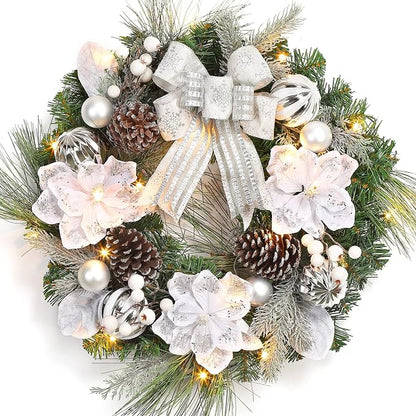 GarveeHome Christmas Wreath with Lights, 24 in Pre-lit Silver White Xmas Wreath with 20 Battery Operated LED Lights Artificial Magnolia Flower & Bow for Front Door Window Indoor Outdoor Decorations