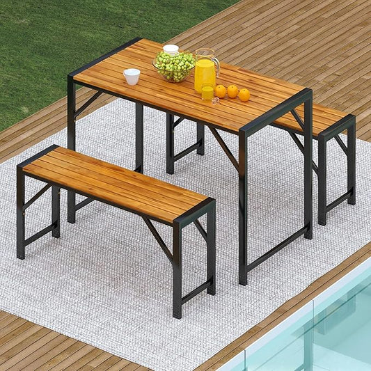 Tangkula 3-Pieces Patio Dining Set for 4 People, Outdoor Picnic Table & 2 Benches, 44" Acacia Wood Dining Table w/Metal Frame, Space-Saving Dinette Set for Garden Porch Poolside Yard Balcony