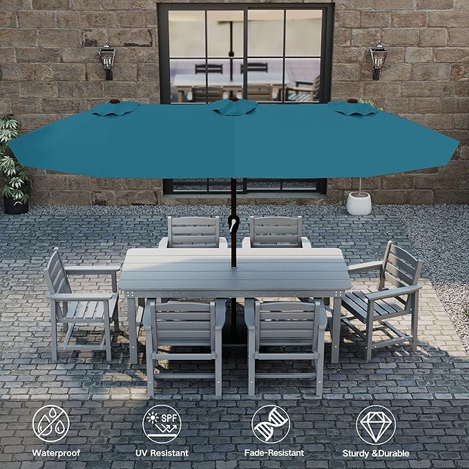 Kingdura 15ft Large Patio Umbrella with Solar Lights, Double-Sided Rectangle Outdoor Table Umbrella with Base Included, 12 Reinforced Ribs, 48 Led Lights, Crank Lift for Market Pool Deck, Lake blue