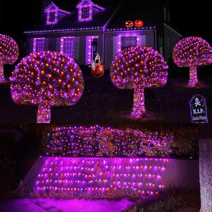 WBao Halloween Lights Outdoor 200LED 8.4ft x 5.2ft Orange Purple Halloween Net Lights with 8 Modes, Timer, Connectable, Waterproof & Dark Green Wire for Lawn, Bushes, Trees, Outdoor Holiday Decor