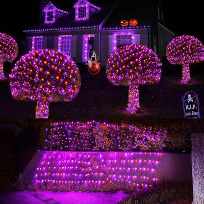 WBao Halloween Lights Outdoor 200LED 8.4ft x 5.2ft Orange Purple Halloween Net Lights with 8 Modes, Timer, Connectable, Waterproof & Dark Green Wire for Lawn, Bushes, Trees, Outdoor Holiday Decor