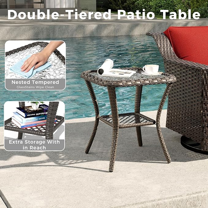 3 Pieces Patio Conversation Furniture Set - 2 Swivel Chairs, 1 Side Table, Outdoor Wicker Rocking Glider Armchairs with Washable and Water-Resistant Cushions for Porch, Balcony (Red)