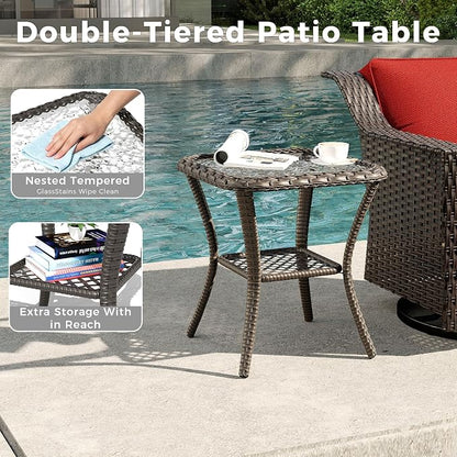 4 Pieces Patio Conversation Furniture Set - 1 Sofa, 2 Swivel Chairs, 1 Side Table, Outdoor Wicker Furniture with Removable Cushions for Porch, Balcony, Sunroom (Red)