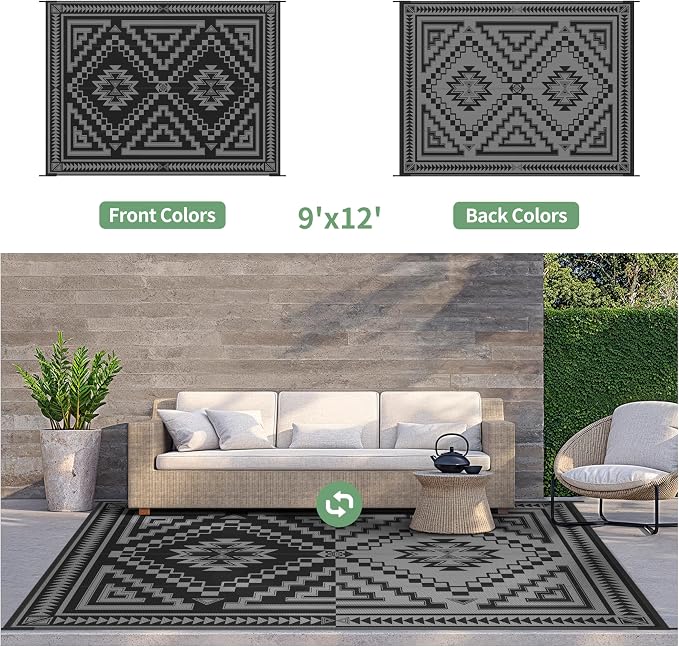 GENIMO Outdoor Rug, Waterproof Plastic Rugs for Patio, 9'x12' Charcoal Grey | Outside Larger Modern Carpet Mat for Porch Decor, Deck, Balcony, Camping, RV, Backyard, Picnic, Beach, Reversible, Foldable