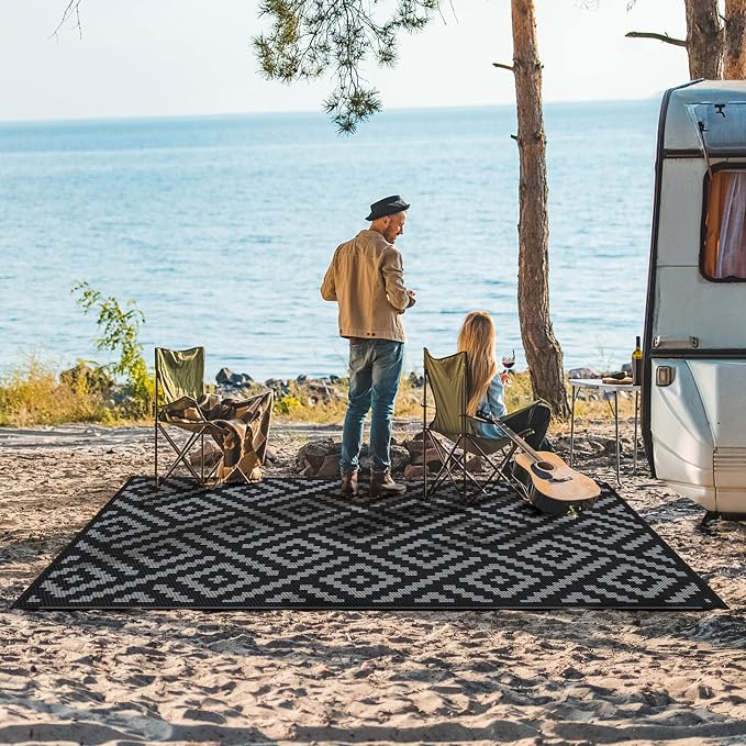 GENIMO Outdoor Rug 4x6 Waterproof, Reversible Mats, Outdoor Area Rug, Plastic Outside Carpet, Eeometric Rv Mat for Patio Camping Rv Picnic Backyard Deck Balcony Porch Beach (Black & Grey) | Outside Larger Modern Carpet Mat for Porch Decor, Deck, Balcon...