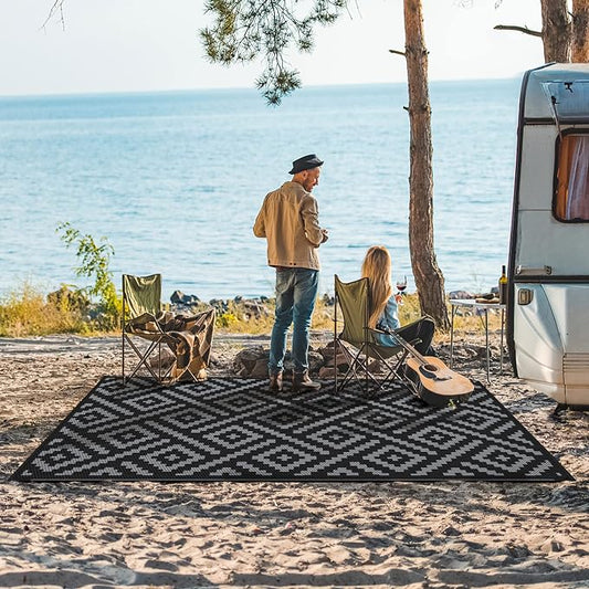 GENIMO Outdoor Rug 4x6 Waterproof, Reversible Mats, Outdoor Area Rug, Plastic Outside Carpet, Eeometric Rv Mat for Patio Camping Rv Picnic Backyard Deck Balcony Porch Beach (Black & Grey) | Outside Larger Modern Carpet Mat for Porch Decor, Deck, Balcon...