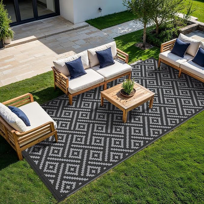 GENIMO Outdoor Rug, Waterproof Plastic Rugs 9'x18' for Camping Black Grey | Outside Larger Modern Carpet Mat for Patio Decor, RV, Porch, Camper, Deck, Picnic, Beach, Backyard, Reversible, Foldable