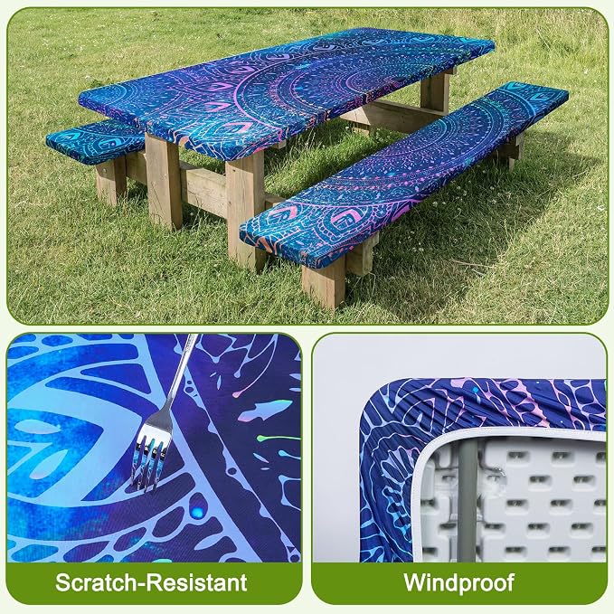 Picnic Table Cover with Bench Covers Windproof Waterproof Picnic Table Covers Camping Tablecloth with Self-Storage Bag, 72in, Deep Blue