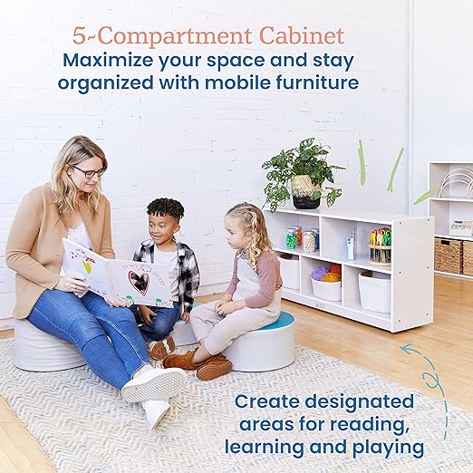 ECR4Kids 5-Compartment Mobile Storage Cabinet, Toddler, Classroom Furniture, White Wash