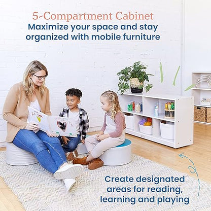 ECR4Kids 5-Compartment Mobile Storage Cabinet, Toddler, Classroom Furniture, White Wash