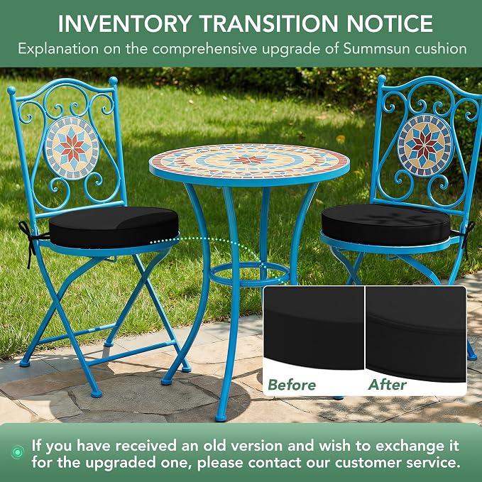 Summsun Outdoor Bistro Chair Cushions Set of 4, 15" D x 3" H Round Chair Cushions Waterproof and Fade Resistant Chair Cushion Pads with Non-Slip Ties and Removable Covers for Garden, Black