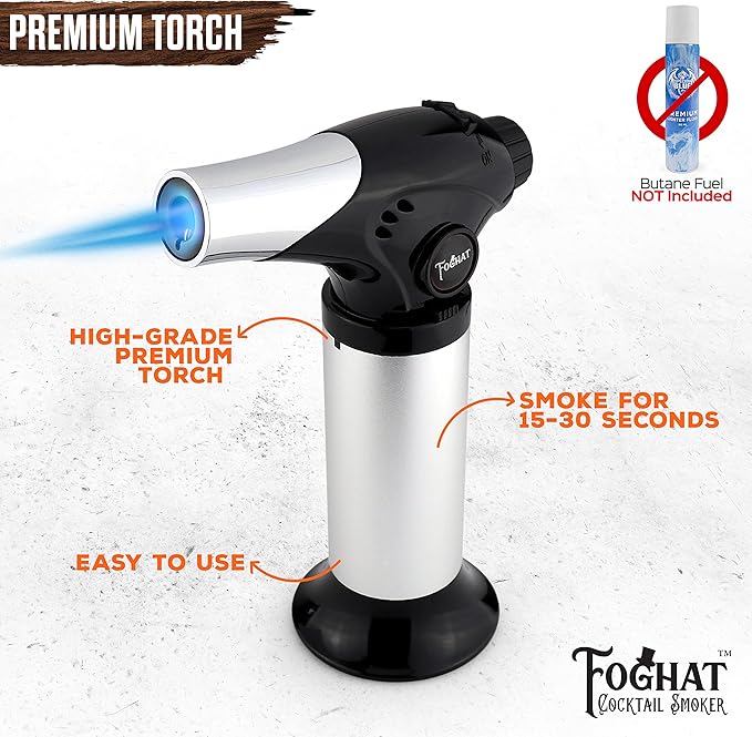 Foghat Cocktail Smoker Kit - Bourbon Barrel Oak Fuel Wood Shavings & Smoking Torch (No Butane) - Infuse Cocktails, Whiskey, Cheese & Meats