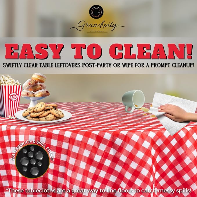 Grandipity 12 Pack Premium Disposable Plastic Picnic Tablecloth 84" Inch Decorative Round Table Cover - Red Checkered Gingham
