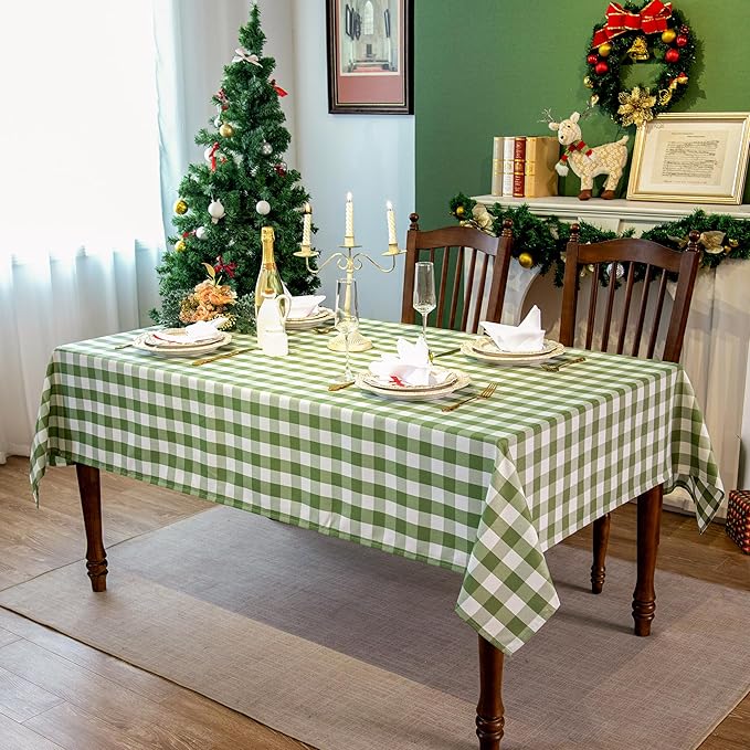 Green and White Gingham Tablecloth, Spring Plaid Waterproof Table Cover for St Patrick's Day, Indoor Dining, Kitchen Table, Garden Picnic, Washable Rectangle Tablecloth, W60 x L120 in