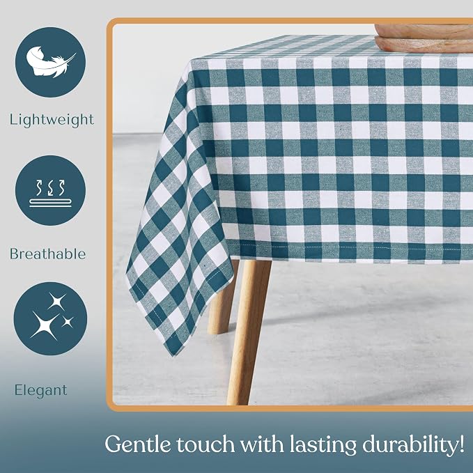 Gingham Tablecloth, 52x70 Inch, 100% Cotton, Classic Check Table Cover, Durable & Washable for Farmhouse Kitchen, Picnics, Dining Table, Everyday Use, Teal Green and White
