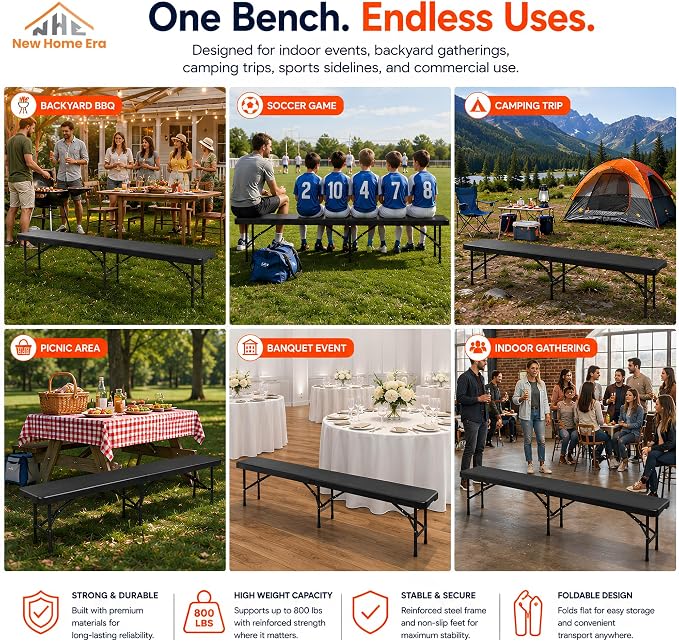 Plastic Folding Bench - Portable Bench Used for Indoor, Outdoor, Picnic, Party, Camping, Dining Seat, Garden Soccer Multipurpose Entertaining Activities (2, Black, 8 Feet)