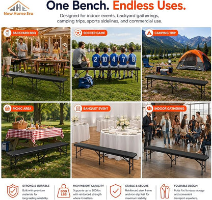 Plastic Folding Bench - Portable Bench Used for Indoor, Outdoor, Picnic, Party, Camping, Dining Seat, Garden Soccer Multipurpose Entertaining Activities (2, Black, 8 Feet)