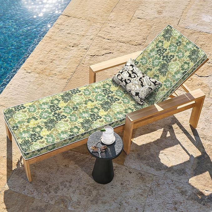LVTXIII Outdoor Chaise Lounge Cushion 72x21x3 Inch, Water-Repellent Patio Seat Cushion with Ties & Hidden Zipper, Thick Foam Pad for Lawn Chair, Poolside, Patio Furniture, Green Rose