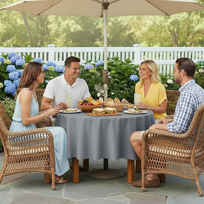 LUSHVIDA Round Outdoor Tablecloth with Umbrella Hole and Zipper, 60 Inch Silver, Washable Waterproof Table Cloth Spill Proof Wrinkle Free Table Cover for Patio Spring Summer Picnic BBQS