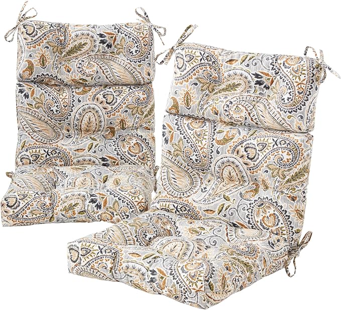 Outdoor Tufted High-Back Chair Cushions, One-Piece Hinged Seat and Back Design, Reversible with 4 Ties, Durable Polyester Fabric, Recycled Fiber Fill - Set of 2, Arctic Paisley